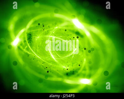 Grün leuchtende Plasma Kurven mit Partikeln oder VPN-Netzwerk, rendering computergenerierten abstrakten Hintergrund, 3D Stockfoto