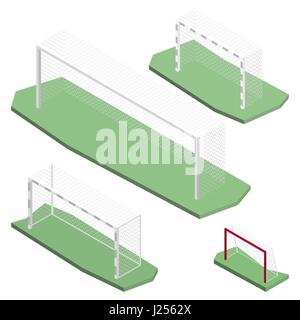 Tor von unterschiedlicher Größe und Formen für Fußballspielen in isometrische, isoliert auf weißem Hintergrund. Gestaltung der sportlichen Ausrüstung. 3d Isometri flach Stock Vektor