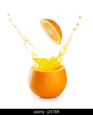 Spritzer Orangensaft Orange isoliert auf weißem Hintergrund Stockfoto