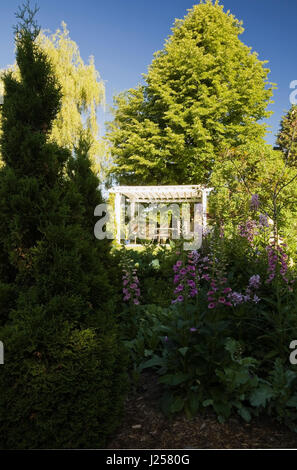 Ansicht einer Pergola durch ein Blumenbeet in einem gepflegten Wohngebiet Hinterhof Garten im Frühjahr Stockfoto