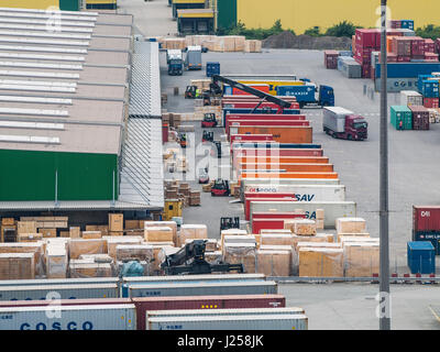 Container-Packstation am CTT Container Terminal Tollerort im Hafen von Hamburg, Deutschland. Stockfoto