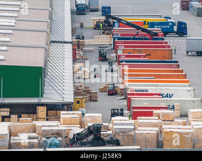 Container-Packstation am CTT Container Terminal Tollerort im Hafen von Hamburg, Deutschland. Stockfoto