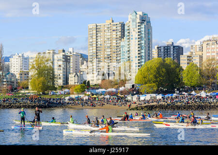 Paddler warten auf Thye Beginn der Big Chop Sommer Paddel Race, English Bay, Vancouver, Britisch-Kolumbien, Kanada. Stockfoto