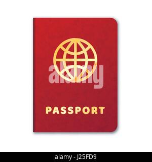 Realistische ausländischen Pass Symbol mit rotem Einband und goldenen Buchstaben isoliert auf weiss Stock Vektor