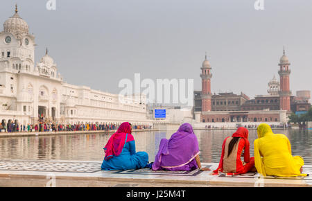 Weibliche Sikh-Pilger vor dem goldenen Tempel, Amritsar, Punjab, Nord-Indien, Indien Stockfoto