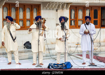 Religiöse Lieder von einer musikalischen Truppe innerhalb der goldenen Tempel, Amritsar, Punjab, Indien Stockfoto