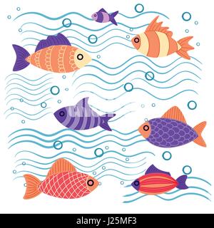Grafischen Fisch violett rot rosa mit einem Muster und mehrfarbige kleine lässt Fische im Meer Ozean Fischen. Handgezeichnete Vektor Fisch. Skizze Stock Vektor