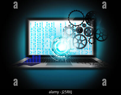 Technik-Hintergrund von Zahnrädern und virtuellen Daten Stockfoto