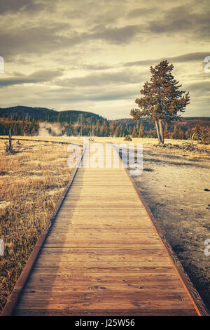 Retro-getönten Bild von Holzweg im Yellowstone-Nationalpark, Wyoming, USA. Stockfoto