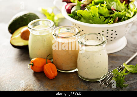 Hausgemachte Ranchbehandlung Vielfalt in kleinen Gläsern mit Kräutern, Avocado und Peperoni Stockfoto