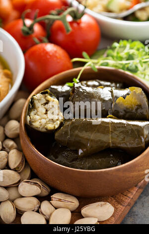 Dolmades, gefüllte Traube mit Reis und Zitronenfüllung verlässt Stockfoto