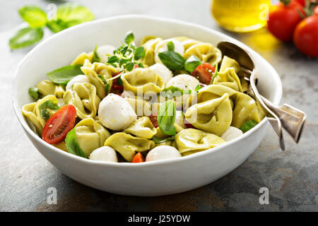 Italienische Pasta-Salat mit Spinat-Ricotta-Tortellini, Mozzarella, Tomaten und Basilikum Stockfoto