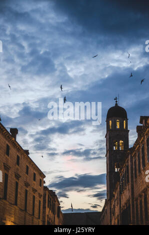 Spatzen fliegen über alte Stadt in der Abenddämmerung, Dubrovnik, Kroatien Stockfoto