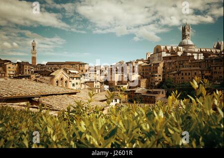 Dom von Siena und Torre del Mangia Turm mit historischen Gebäuden. Italien Stockfoto