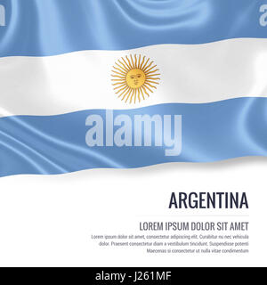 Argentinien-Flagge. Seidige Flagge Argentinien winken auf einem isolierten weißen Hintergrund mit dem weißen Textbereich für Ihre Anzeige Nachricht. 3D-Rendering. Stockfoto