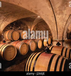 Domaine de la Pousse d'Or barrel Weinkeller, Volnay, Côte d'Or, Burgund Frankreich Stockfoto