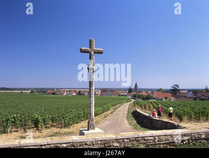 Romanée-Conti Weinberg & Stein Kreuz, mit Touristen, die ein Picknick mit lokalen Wein in Romanée-St-Vivant. Vosne-Romanée, Côte d'Or, Frankreich. Stockfoto