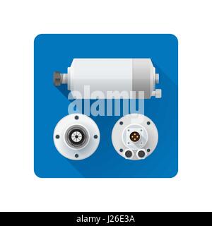 Vektor-farbige flache Bauweise Spindel Wasserkühlung Elektromotor verschiedenen Blickwinkeln Abbildung Symbol lange Schatten, abgerundete quadratische Hintergrund Stock Vektor