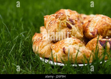 Hausgemachte Pasty mit Hackfleisch-Fleisch-Füllung, mit Sesam bestreut und serviert im Freien an einem sonnigen Tag Stockfoto