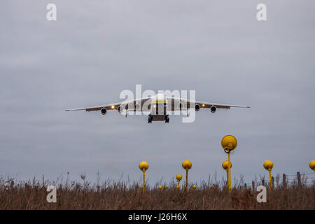 Kiew, Ukraine - 8. Januar 2012: Frachtflugzeug Antonov An-225 "Mriya" ist auf Finallanding in der Abenddämmerung Stockfoto