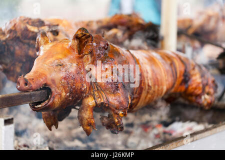 Traditionell Spanferkel auf einer sich drehenden Spieß mit Feuer und Rauch. Stockfoto