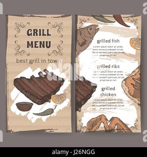 Farbe Vintage Grill Restaurant Menüvorlage mit Hand gezeichneten Skizze Stock Vektor
