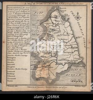 Antike Grafschaft Landkarte von Northumberland durch Badeslade & Toms 1742 alt Stockfoto