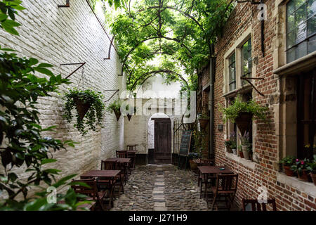 Antwerpen, Belgien - 5. Juli 2016: Vlaeykensgang ist klein und engen mittelalterlichen Gasse im Zentrum von Antwerpen. Stockfoto