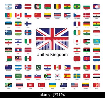 Satz von glänzenden Ikonen der Flaggen der Welt souveräner Staaten isoliert auf weiss Stock Vektor