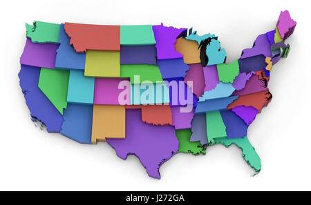 Multi farbige USA Karte zeigt Staatsgrenzen. 3D Illustration. Stockfoto