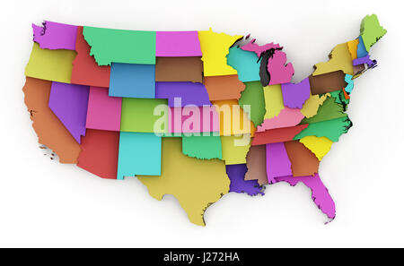 Multi farbige USA Karte zeigt Staatsgrenzen. 3D Illustration. Stockfoto