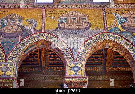 Südwand Mosaiken Darstellung die Bibliacl Geschichte von Noah in der Norman-byzantinischen mittelalterlichen Kathedrale von Monreale, Provinz von Palermo, Sizilien, Italien. Stockfoto