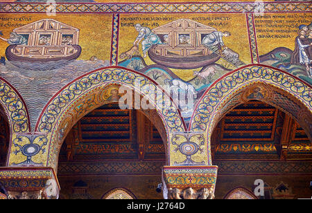 Südwand Mosaiken Darstellung die Bibliacl Geschichte von Noah in der Norman-byzantinischen mittelalterlichen Kathedrale von Monreale, Provinz von Palermo, Sizilien, Italien. Stockfoto