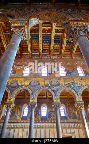 Südwand Mosaiken Darstellung die Bibliacl Geschichte von Noah in der Norman-byzantinischen mittelalterlichen Kathedrale von Monreale, Provinz von Palermo, Sizilien, Italien. Stockfoto