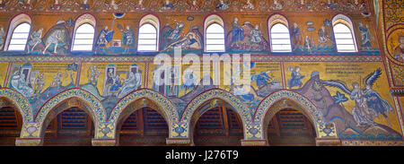 Norden Wandmosaiken, die Szenen aus der Bibel in der Norman-byzantinischen mittelalterlichen Kathedrale von Monreale, Provinz von Palermo, Sizilien, Italien. Stockfoto