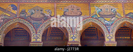 Südwand Mosaiken Darstellung die Bibliacl Geschichte von Noah in der Norman-byzantinischen mittelalterlichen Kathedrale von Monreale, Provinz von Palermo, Sizilien, Italien. Stockfoto