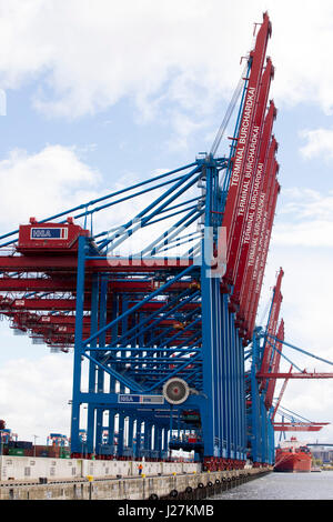 Portalkräne ersichtlich am Container terminal Burchardkai (CTB) in Hamburg, Deutschland, 25. April 2017. Foto: Christian Charisius/dpa Stockfoto