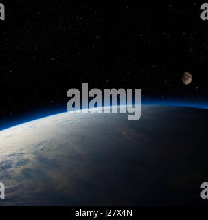 Erde mit Blick auf den Mond.  Galaxy-Raum voller Sterne. Elemente des Bildes von der NASA eingerichtet. Stockfoto