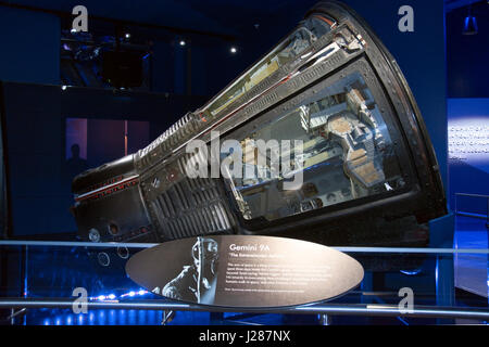 Das Gemini 9A Raumfahrzeug, 1966 von Thomas P. Stafford und Eugene Cernan, bei der Besucher-Komplex an der NASA Kennedy Space Center, Florida geflogen. Stockfoto