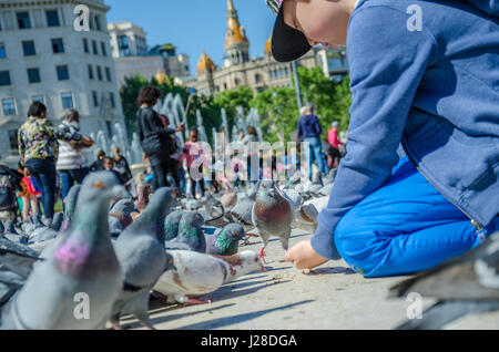 Ein kleiner Junge füttert Tauben in der Plaça de Catalunya im Zentrum von Barcelona, Spanien. Stockfoto