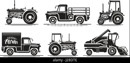 Transport auf dem Bauernhof, Symbole festgelegt. Landwirtschaftliche Zugmaschine, LKW, LKW, Mähdrescher, Mähdrescher, Pickup, Auto-Symbol. Silhouette-Vektor-illustration Stock Vektor