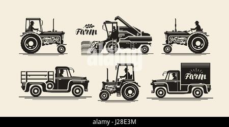 Bauernhof Symbole festgelegt. Landwirtschaft, Landwirt, Mähdrescher, Traktor, LKW-Symbol. Vintage Vektor-illustration Stock Vektor