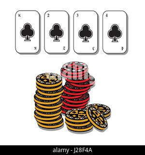 Poker-Chips. Symbol für Ihr Design. Gelbe und rote Chips auf weißem Hintergrund und vier Karten. Konzept des Spiels Stock Vektor