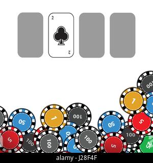 Poker-Chips. Symbol für Ihr Design. Verschiedene Chips auf weißem Hintergrund und vier Karten Stock Vektor