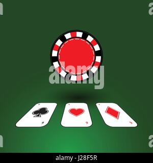 Poker-Chips. Symbol für Ihr Design. Einem roten Chip und drei Karten auf dem Tisch in verschiedenen Farben Stock Vektor