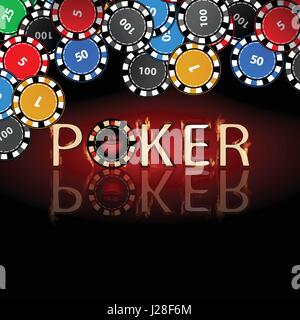 Poker-Chips. Symbol für Ihr Design. Eine Inschrift des Poker auf einem roten Hintergrund und viele verschiedene Chips hängen über Kopf Stock Vektor