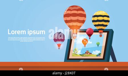 Moderne Tablet-Computer mit bunten Luftballons fliegen im Bild des Himmels Stock Vektor