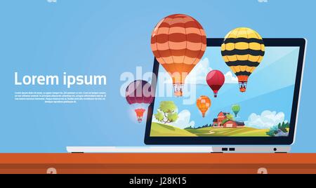 Moderne Laptop-Computer mit bunten Luftballons fliegen im Bild des Himmels Stock Vektor