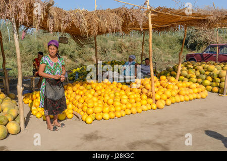 Usbekistan, Provinz Buxoro, Jondor Tumani, am Straßenrand dort sind viele Melone-Händler. Hier hat die Frau das Wort Stockfoto