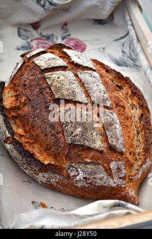 Ein rustikal-Brot in einer rustikalen, traditionellen Bäckerei. Buttermilch und Kürbis Samen Laib. Stockfoto